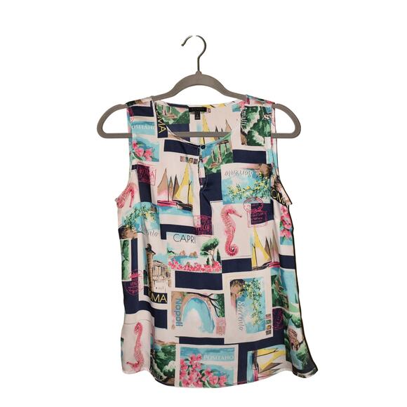 TALBOTS $89 Italy Postcard Print Sleeveless Woven Blouse Keyhole Neck Small‎ - Picture 1 of 4